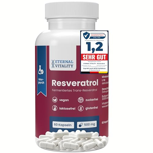 Eternal Vitality Cápsulas de Trans-Resveratrol, 500 mg, 60 cápsulas para 2 meses, obtenidas por fermentación de levadura, veganas, analizadas en laboratorio en Alemania