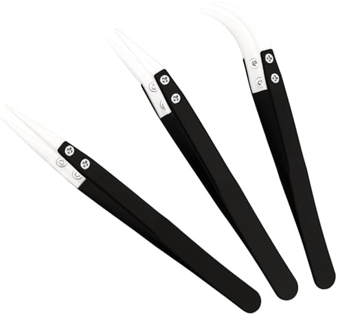 Juego de 3 pinzas de cerámica de precisión con apertura inversa, juego de pinzas de cerámica, pinzas de soldadura no conductoras, antimagnéticas con puntas afiladas y curvas, herramientas electrónicas