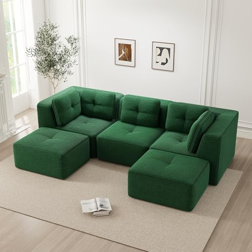 Muskel Moderno divano ad angolo modulare a 3 posti, con poggiapiedi, senza montaggio, a compressione, per soggiorno (verde, 3 posti+2)