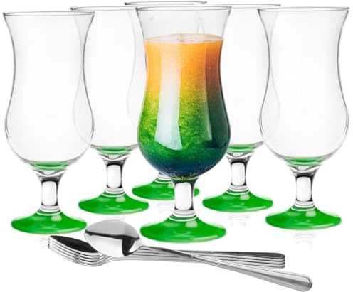 Glasmark KROSNO 1992 Juego De 6 Vasos Alto Para Cócteles 420 ml Copas De Vidrio Para Agua Succo Cerveza Long Drink Transparentes Fondo Verde Con Cucharillas