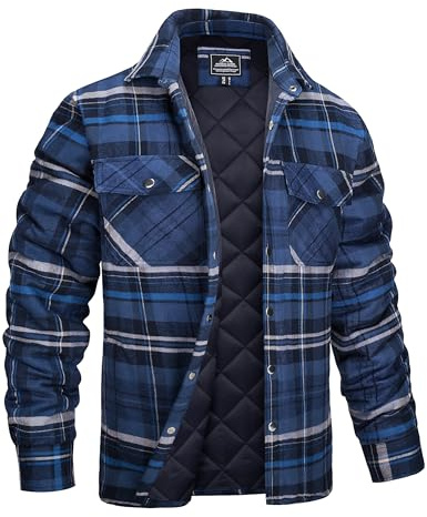 MAGCOMSEN Men's Flannel Shirt Jacket Long Sleeve Quilted Lined Plaid Jackets Button Down Warm Winter Coat Work Padded Jacket