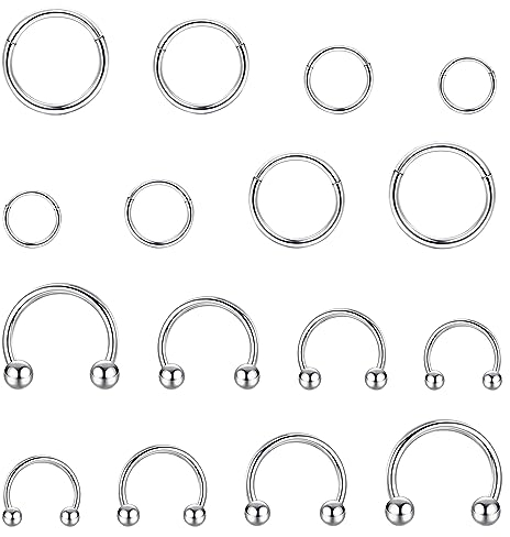 JeweBella 16 Stück 16G Nasenpiercing Ring Chirurgenstahl Knorpel Creolen Silber/Gold Segment Clicker Nasenringe Hufeisen Lippe Augenbrauen Septum Conch Tragus Helix Piercing Ring 6-12mm