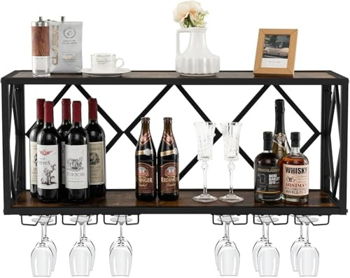 GOPLUS Väggvinställ, vinhylla med kopphållare för 39 flaskor och 12 koppar, metall hängande flaskhållare, för kök, vinkällare, bar, 100 x 25 x 45 cm (utan lampor)