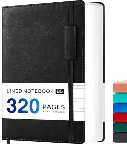 NIRMIRO Carnet ligné, B5 avec couverture rigide en cuir pour femme et homme, bloc-notes pour l'écriture et le travail, carnet de notes avec 320 pages de papier épais de 100 g/m², sans débordement, 19