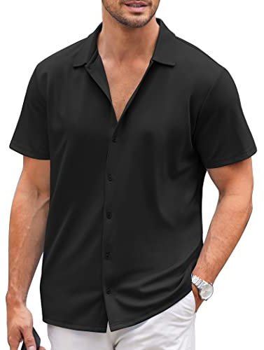 COOFANDY Mens Shirts Casual Short Sleeved Wrinkle Free Stretch Regular Fit Dress Shirt Men Button Up Beach Tops Black XL