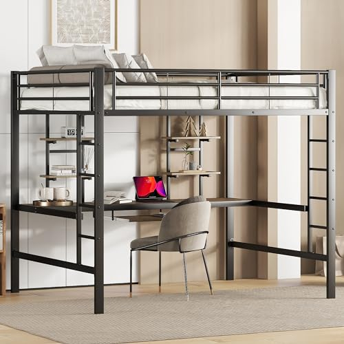 HAINEW Metallbett Hochbett 140 × 200 cm Mit Schreibtisch und Zwei Bücherregalen, Kinderbett Mit Leiter und Lagerung Regal, Platzsparend Eisenbett Bettgestell, Für Jugendliche und Erwachsene, Schwarz