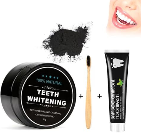 Teeth Whitening Toothpaste+Tooth Powder+Toothbrush,Activated Charcoal Powder Teeth Whitening,Teeth Whitening Powder with A Toothbrush,Cleans Tooth Stains Thoroughly and Brightens Teeth