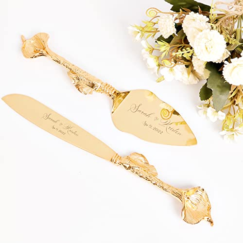 Cake Cutting Set for Wedding, Personalized Gold Cake Knife and Server Set, Custom Cake Serving Set, Engraved Pastry Pie Server Cake Pizza Cutter, Christmas Birthday Bridal Gift (Rustic)