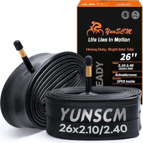 YunSCM 2-PCS 26 Heavy Duty Bike Tubes 26x2.10 26x2.125 26x2.20 26x2.25 26x2.30 26x2.35 26x2.40 52/62-559 AV48mm Schrader Valve 26 Bicycle Tube Compatible 26x2.10/2.40 Road/MTB Bicycle Tyre Tube
