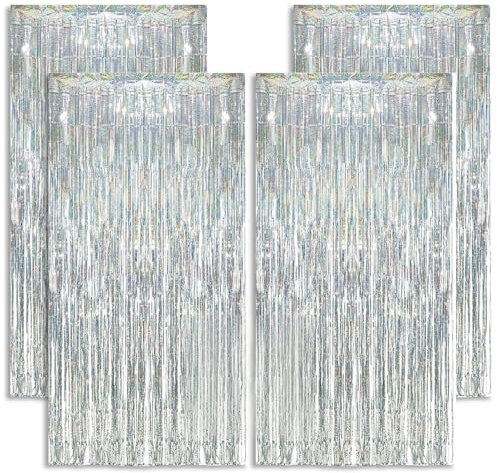 KOOSREEL 4 Rideaux Métallique Tinsel Argent（1×2m）, Décoration en Feuille de Paillettes pour Le Nouvel an, Fête de Marriage,Decoration Anniversaire Rideaux à Franges en Aluminium