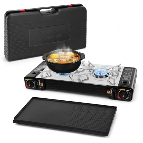 LENDISIY Réchaud à gaz 2 brûleurs avec plaque de cuisson pour cartouche et bouteille de gaz, réchaud de camping avec allumage piézo, plaque de cuisson antiadhésive de 45 × 24 cm, sac de transport et 2