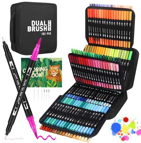 TrendGate Dual Brush Pen Set, 192 Farben Fineliner und Pinselstifte Set, Doppel Filzstifte Dicke und Dünne mit Malbücher für Handlettering, Bullet Journal, Mandalas Stifte für Erwachsene