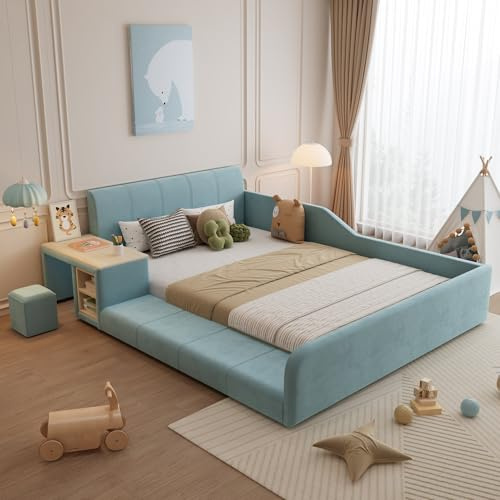 Trdlpyn Letto imbottito con scrivania per bambini e sgabello, con ripiano, 140 x 200 cm, letto singolo, letto matrimoniale con testiera e rete a doghe, in velluto, blu