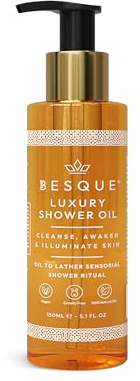 Besque Luxury Shower Oil, Hydrating Body Wash for Women with Sweet Almond, Rosehip & Evening Primrose & Vitamin E, Gentle Cleanser for Sensitive, Dry & Aging Skin, 150 ml - Pack of 1