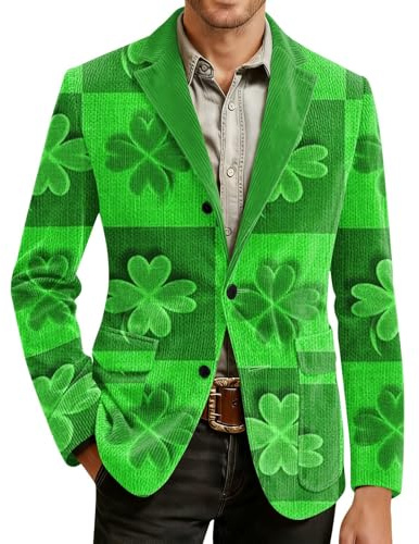 Sakko - Giacca sportiva da uomo con bottoni, con quadrifoglio irlandese, per Carnevale, slim fit, elegante blazer primaverile, autunno, R verde., XXXL