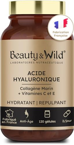 Acide Hyaluronique + Collagène Marin + Vitamine C, E, Anti-Âge Puissant, Peau Jeune & Lisse, Hydratation, Élasticité, Fermeté, Anti-Rides & Régénération Cellulaire – 120 Gélules, Cure 2 Mois