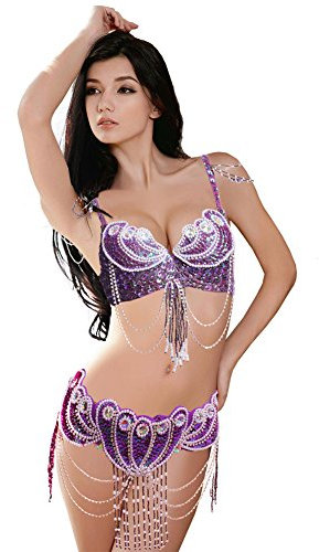 ROYAL SMEELA Belly dance Costume Set Professional For Women Carnival Bellydance Bra and Belt, Purple, Medium