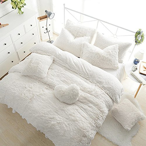 Teddy Fleece Duvet Cover with Pillow Case Thermal Warm Soft Cozy Bedding Bed Set (White, Super king Duvet Cover Inc P/Case)