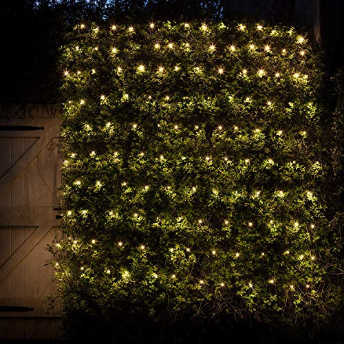 Lights4fun 2 x 2m Outdoor Net Light with 140 Warm White LEDs on Green Cable – Plug-in with 8 Modes & Timer – IP44 Rated for Garden, Trees, Bushes, Fences, and Walls