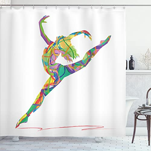 Lunarable Dance Shower Curtain, Abstract of a Dancer with Lively Colored Random Lines Jumping Ballerina Print, Cloth Fabric Bathroom Decor Set with Hooks, 69 W x 84 L, Apple Green Purple