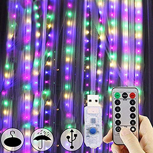 FANSIR Curtain Fairy Lights, 3m×3m 300LED Fairy Lights with 8 Modes Remote Control Timer Adjustable Brightness Waterproof Curtain Light Plug in for Bedroom Garden Party Wedding Christmas (Multicolor)