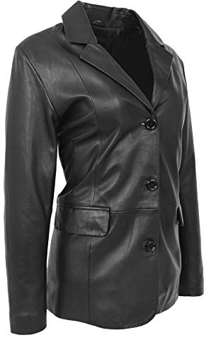 Femmes Cuir Noir Doux Blazer Veste Bouton Attacher Semi Ajusté Manteau de Créateur Leila (L - EU 40)