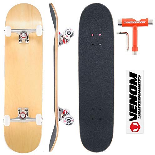 Venom Core Complete Skateboard - Natural Wood Stain Deck - Double Kick Trick Skateboard for Kids, Boys/Girls, Adults - Beginner to Advanced - Trucks, Wheels - Natural Deck, Raw Trucks - 8.5
