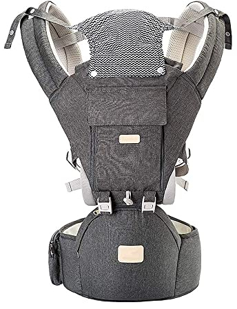Babytrage, 6-in-1 Babytrage für Neugeborene ab Geburt, Baby Trage mit Ergonomische Hüftsitz, Verstellbar Kindertrage bis 20kg, Baby tragetasche Bauchtrage Rückentrage, Grau