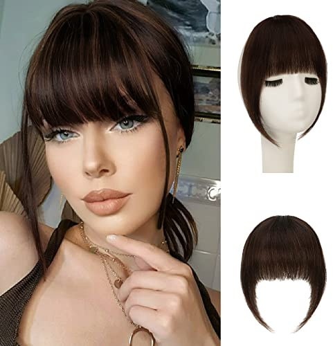 Sofeiyan Frangia Clip Capelli Veri Frangetta Finta Extension 100% Capelli Veri Natural Bangs Hair Clip Frontale Frangia Posticci per Capelli Donna, Marrone medio
