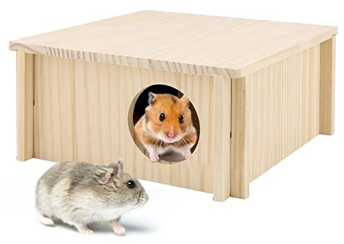 Hamster Wood House 2 Chambers Guinea Pig Hideout for Cage Pet Wooden Home Small Animal Habitat Décor Natural Wooden Hamster Hideaway House Wood Cabin for Small Pets Chinchilla Rat Gerbils (Square)