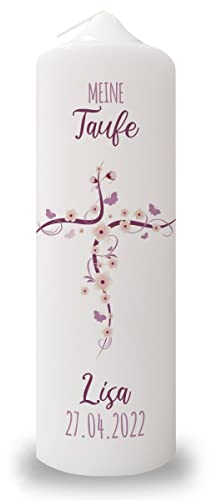 GRAVURZEILE Bedruckte Kerze - Taufkerze Blumenkreuz - brilliant bedruckte Kerze zur Taufe - Personalisiertes Taufgeschenk für Mädchen & Jungen - Hochwertige Stumpenkerze 250/80 mm Farbe Lila