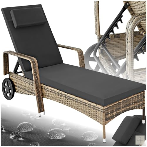 tectake® Rattan Garden Sun Lounger, 6-Level Adjustable Backrest, Plastic Weave, Outdoor and Indoor Use, Easy-Care Garden Recliner Chair with Padding & Cushion, Rubber Wheels - natural