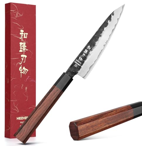 HEZHEN 13.5 cm Utility Knife, Plated Steel Composite Forged Steel Paring Knife, Fruit Peeling, Octagonal Redwood Handle