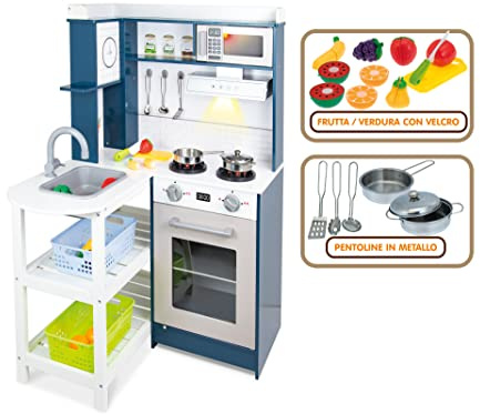 Teorema 40644 - Cuisine Jouet d'angle en Bois, Hauteur 50 cm, avec appareils ménagers Lumineux et sonores, ustensiles de Cuisine et Fruits et légumes avec Velcro.