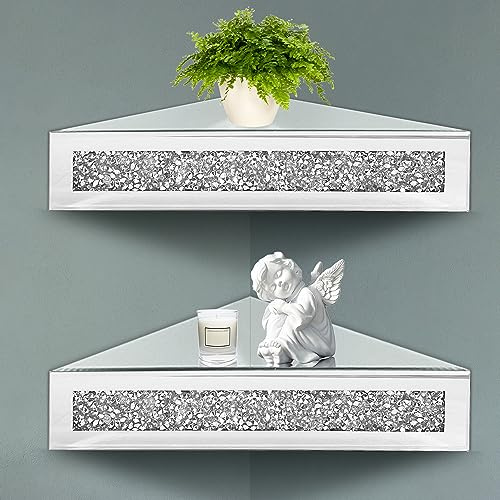 Royxen Corner Floating Shelves 2 Sets, Corner Shelf Wall Mounted Crushed Diamond, Corner Shelves Crystal Mirrored, Floating Corner Shelves for Wall