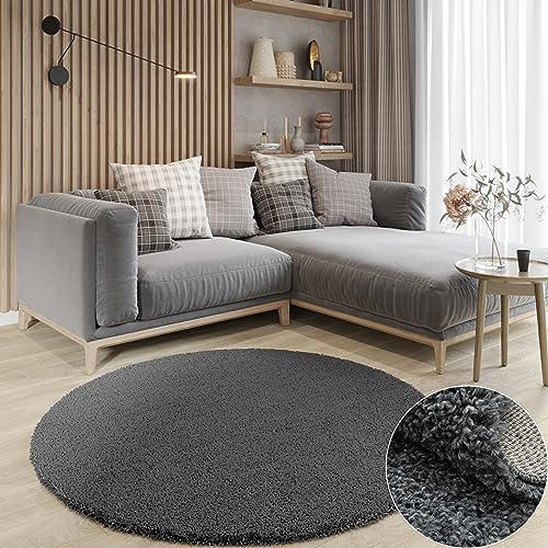 MY-RUG Teppich Shaggy Star Hochflor rund dunkelgrau 100 x 100 cm - Schlafzimmer Teppich, Langflor, Günstig