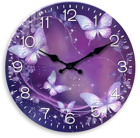 Constantplanet Purple Wall Clock for Girls Bedroom Analog Butterfly Wall Clocks Battery Operated 12 Inch Round Glass Wall Clock Silent