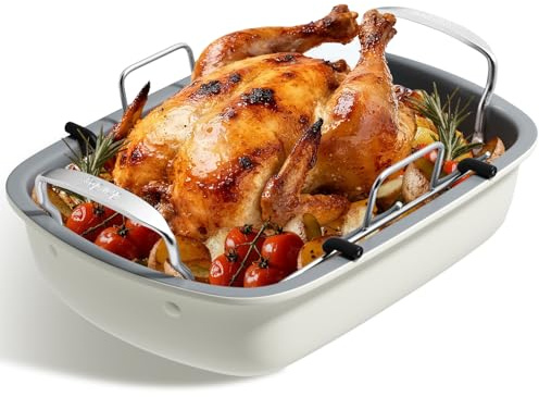 Slow Slog Roasting Pan, 17 Inch x 13 Inch Roaster with Removable Rack, Nonstick Roaster Pan for Roasting Turkey, Meat & Vegetables (Beige)