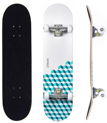 ERNAN Skateboard,80 * 20cm,pour Adulte/Enfant Fille/Garçon Débutant.Plateau 7 Plis érable Alpin,Roulement ABEC-7,T-Tool Inclus,Skateboard Enfants (Ocean Lattice)