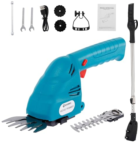 Tijera Cortacesped Y Arreglasetos 3 en 1, 2 x 2.0Ah batería y Corta-setos batería 7.4V, 2 en 1 tamaño seto eléctrico con Polo telescópico, tamaño Borde inalámbrico con Tipo C de Carga