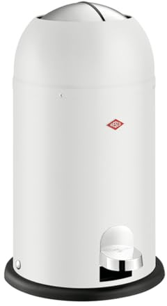 Wesco Kickmaster Junior avfallssamlare i vit matt, pulverlackerad stålplåt, inbyggd dämpare, 12 liter volym, plastinsats, inkast-lucka