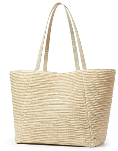 KALIDI Straw Beach Bag for Women Straw Tote Bag with Zip Large Handbag Summer Holiday Bag