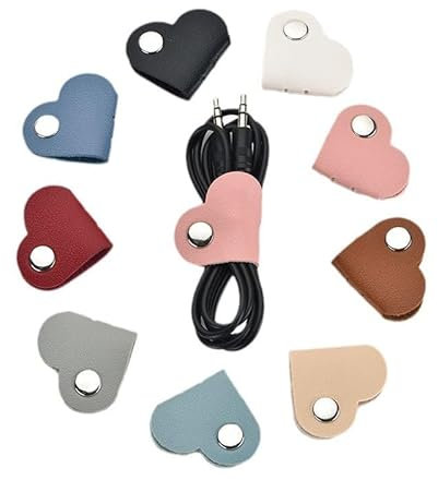 Lot de 10 organiseurs de câbles en cuir synthétique en forme de cœur réutilisables, attaches de câbles, cordons de charge, cordon d'alimentation, support enrouleur USB pour écouteurs