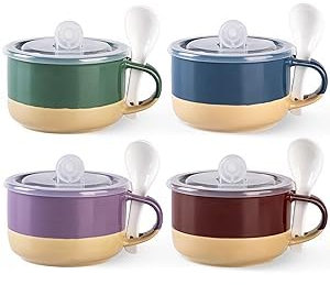 GBHOME 700ml Keramik-Suppentassen 2er-Set mit Henkeln & Deckel,Terrakotta-Unterseite & Löffel für Suppe/Müsli/Salat/Nudeln/Ramen, mikrowellengeeignet & spülmaschinenfest, Mehrfarbig