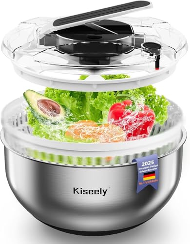 Centrifugador de ensalada de acero inoxidable, fácil de apretar, gran secador de verduras, lavar y secar ensaladas, 4,2 l, con cuenco y tapa de acero inoxidable 304 para ensaladas, verduras, hierbas
