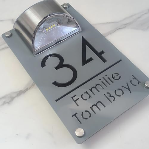Plaque de numéro de maison personnalisée avec éclairage solaire, plaque de porte moderne à LED éclairée par énergie solaire pour l'extérieur, panneau d'adresse extérieur étanche pour la maison, la