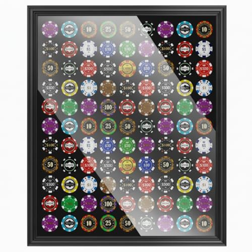Silipull 99 Poker Chip Display Case 24 x 20 Inch Poker Chip Holder for 39/40mm Wall Mount or Tabletop Display Frame for Collectors Souvenir Gift