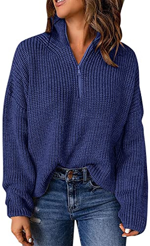 Generisch Cárdigan con botones para mujer suéter para mujer de manga larga 1/4 cremallera suéter de cuello alto para mujer suéter rojo mujer con escote, marine, L