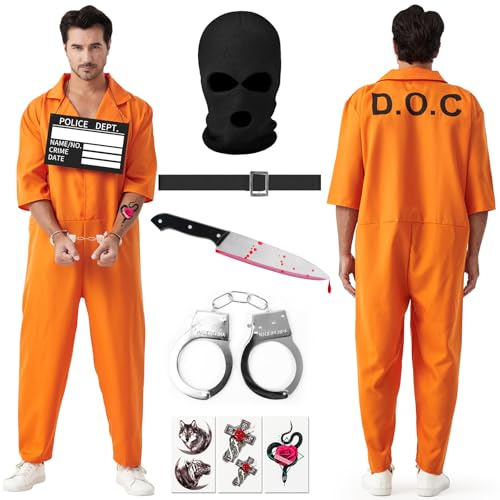 Lozzzyo Tuta Carcerato Arancione Costume da Prigioniero per Uomo, Costume Carnevale Uomo con Targa d'Identificazione, Manette, Daga, Cappuccio e Adesivi, Perfetto per Carnevale e Halloween (XL)