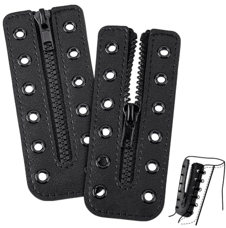 PH PandaHall 2pcs Leather Boot Zipper Inserts, 5.2 x 2.1 Inch Black Tieless Shoe Laces Eyelets Zipper Lace-in Boot Laces 6 Black Holes No Tie Shoe Lace for DIY Men Women Sneakers Lace Repair
